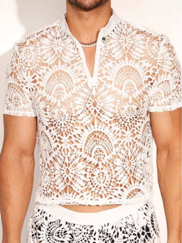 Men's Water Soluble Lace Short Sleeve Polo Sleepwear